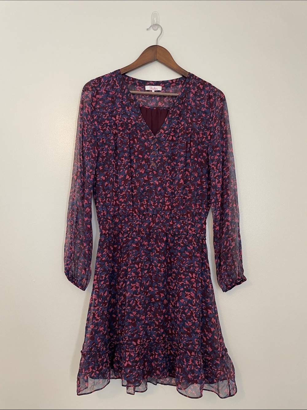 Parker Silk Atticus Print Airy Romantic Smock Waist V-neck Mini Dress